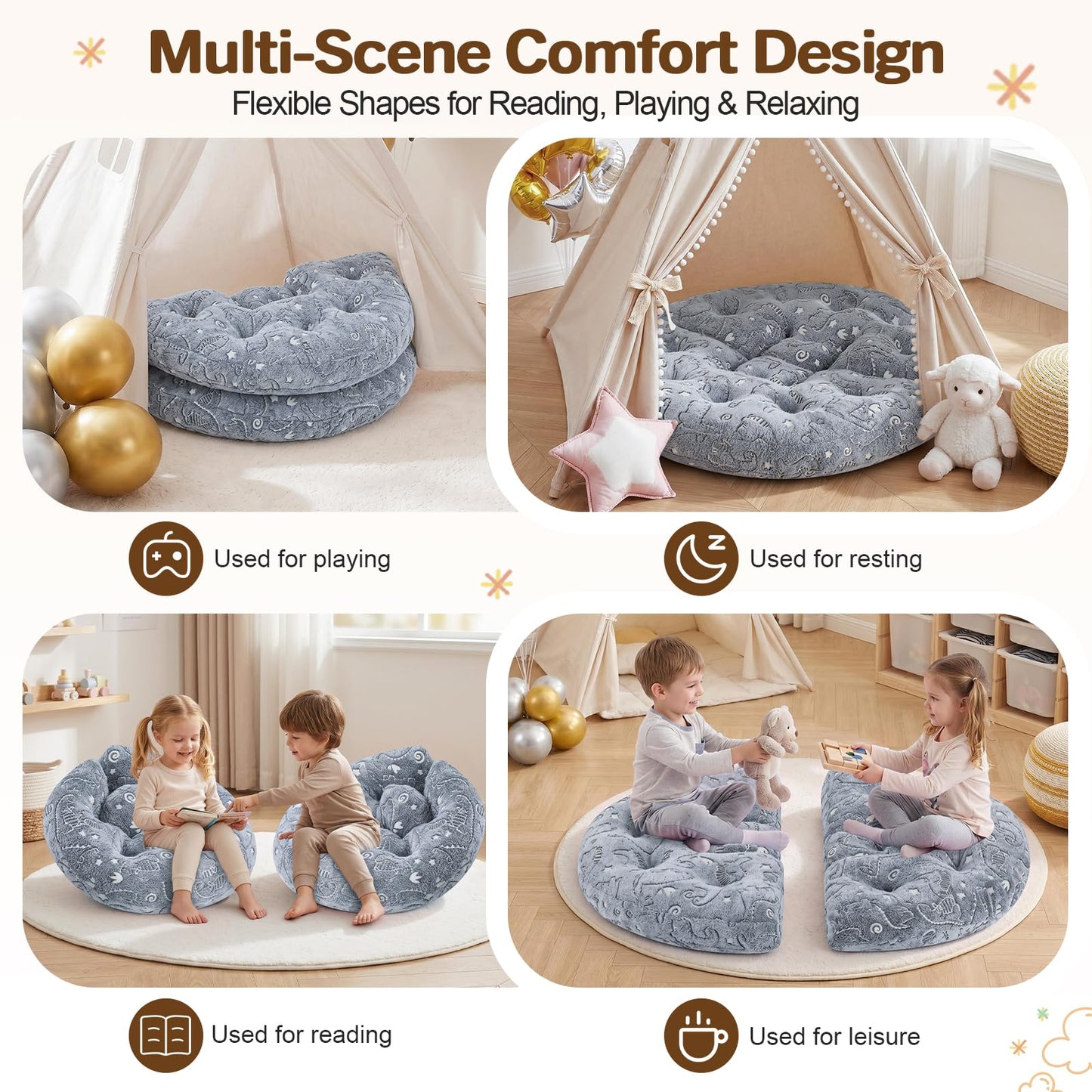 blue page Circle Kids Play Mat 5.9 in Thick, 5-in-1 Comfy Padded Playmat for Ages 3+, Glowing Round Floor Rug for Nursery Playroom Reading Corner, 47x47 in Grey Dinosaur