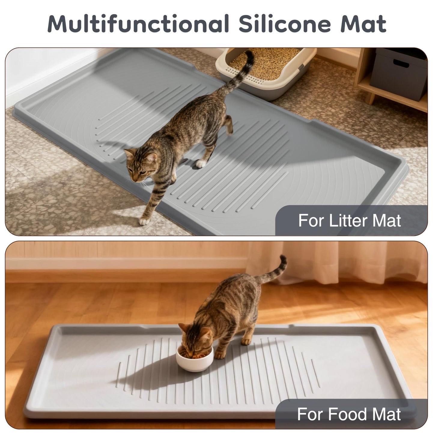 ISSEVE Cat Litter Mat 54" x 27.5" XXL, Extra Large Silicone Mat for Litter Box, 1.38" Raised Edge Urine Proof Litter Trapping Mat Pad for Scatter Control, Soft on Kitty Paws, Protect Floor (Grey)