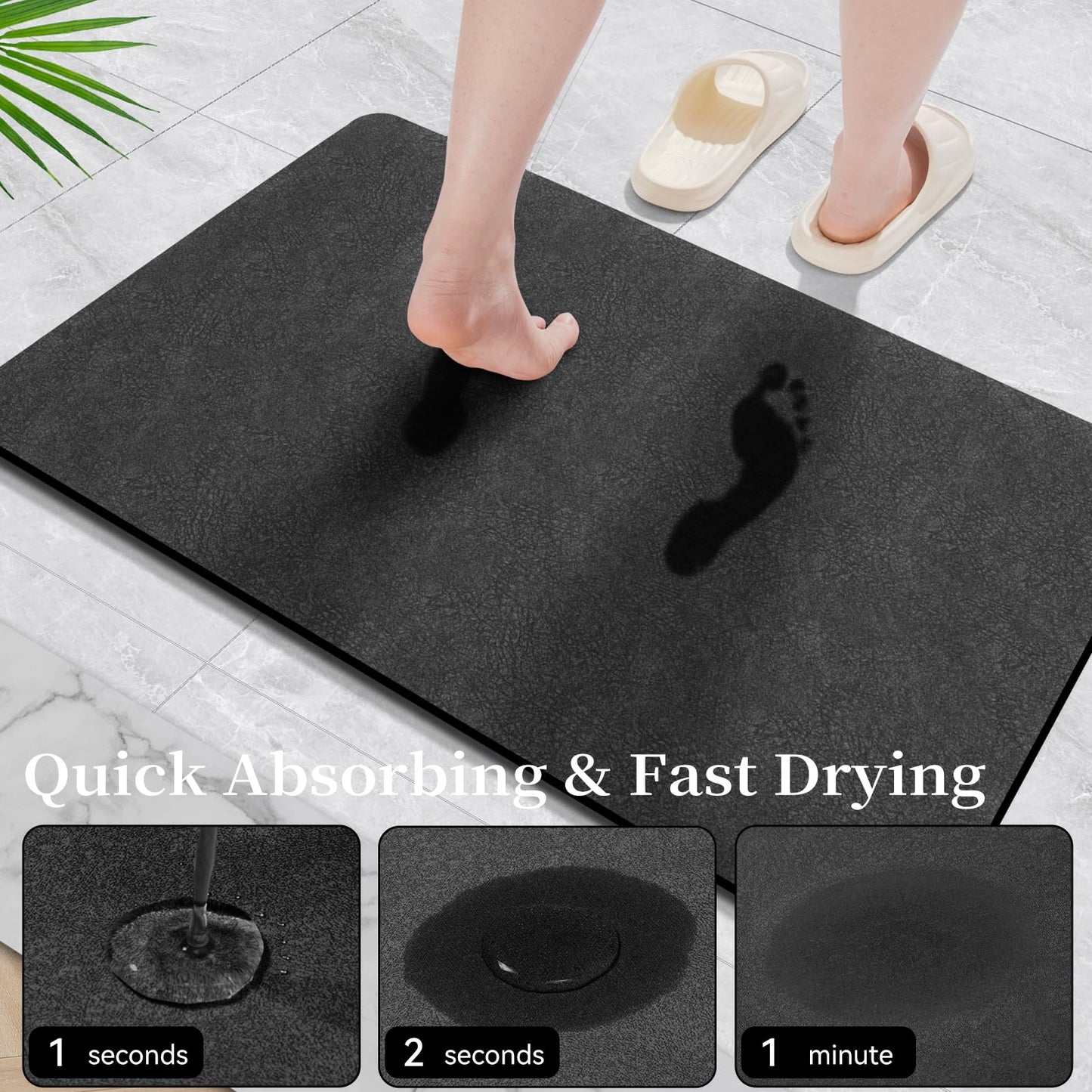 Bath Mat Rugs 24x17 - Diatomaceous Earth Bath Mat Quick Dry Absorbing Bathroom Rugs Rubber Non Slip Thin Bathroom Mat Fit Under Door, Bath Mats for Bathroom Floor, Tub and Shower, Sink, Dark Grey