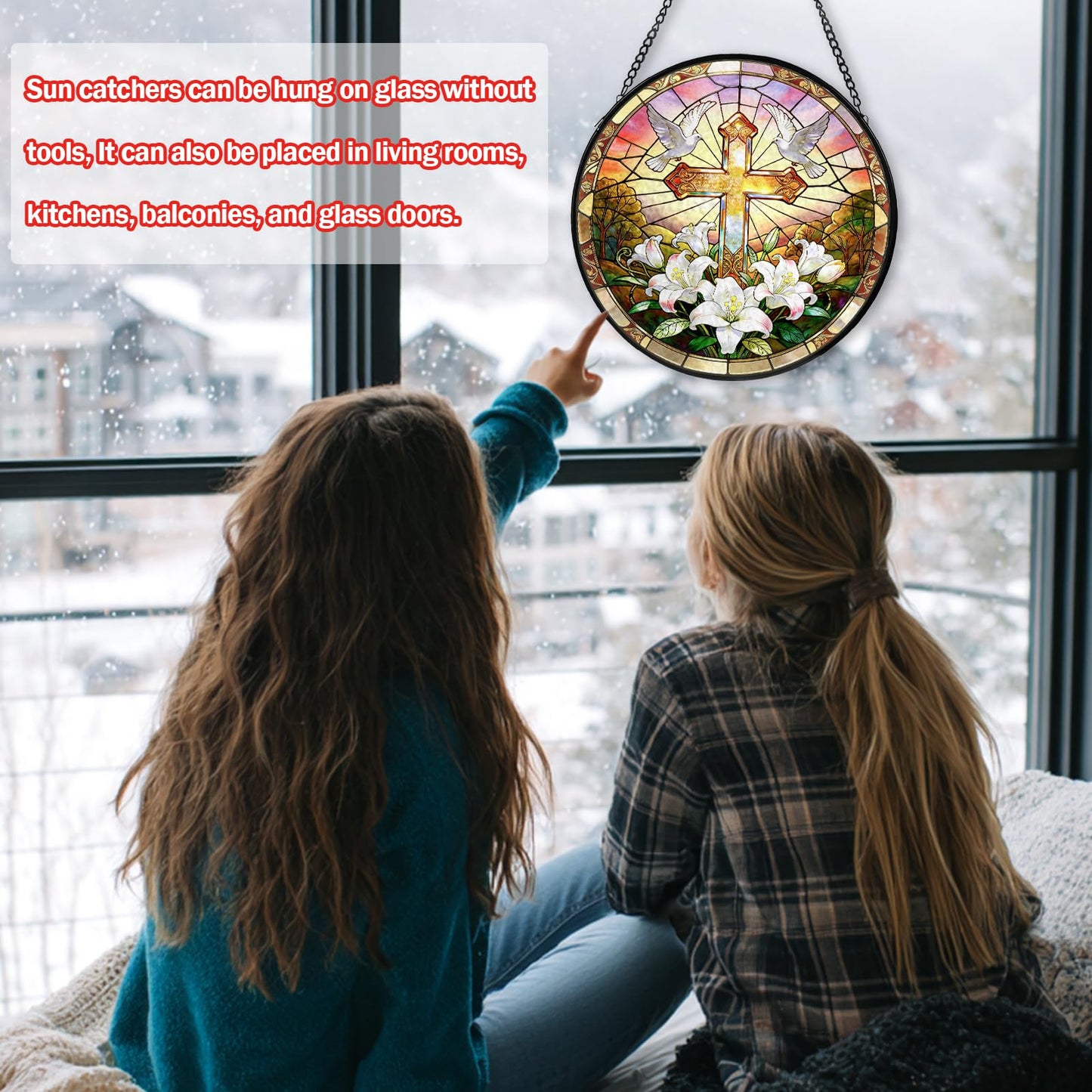 Cross Stained Glass Window Hanging, Flower Suncatcher Diamond Glass Panel Hangings, Sun Catchers Indoor Windows Wall Art Decor, Pastor Christian Gift, for Home Office 7.87 inches