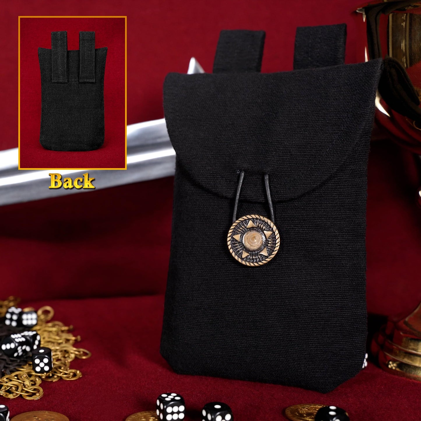 Mythrojan Medieval Belt Pouch Viking Canvas Belt Bag Renaissance Waist Bag Steampunk Pouch Coin Purse Dice Bag LARP Costume Accessory for Cosplay, Renfaire, Medieval Events - Black, 7.1" x 5.1"