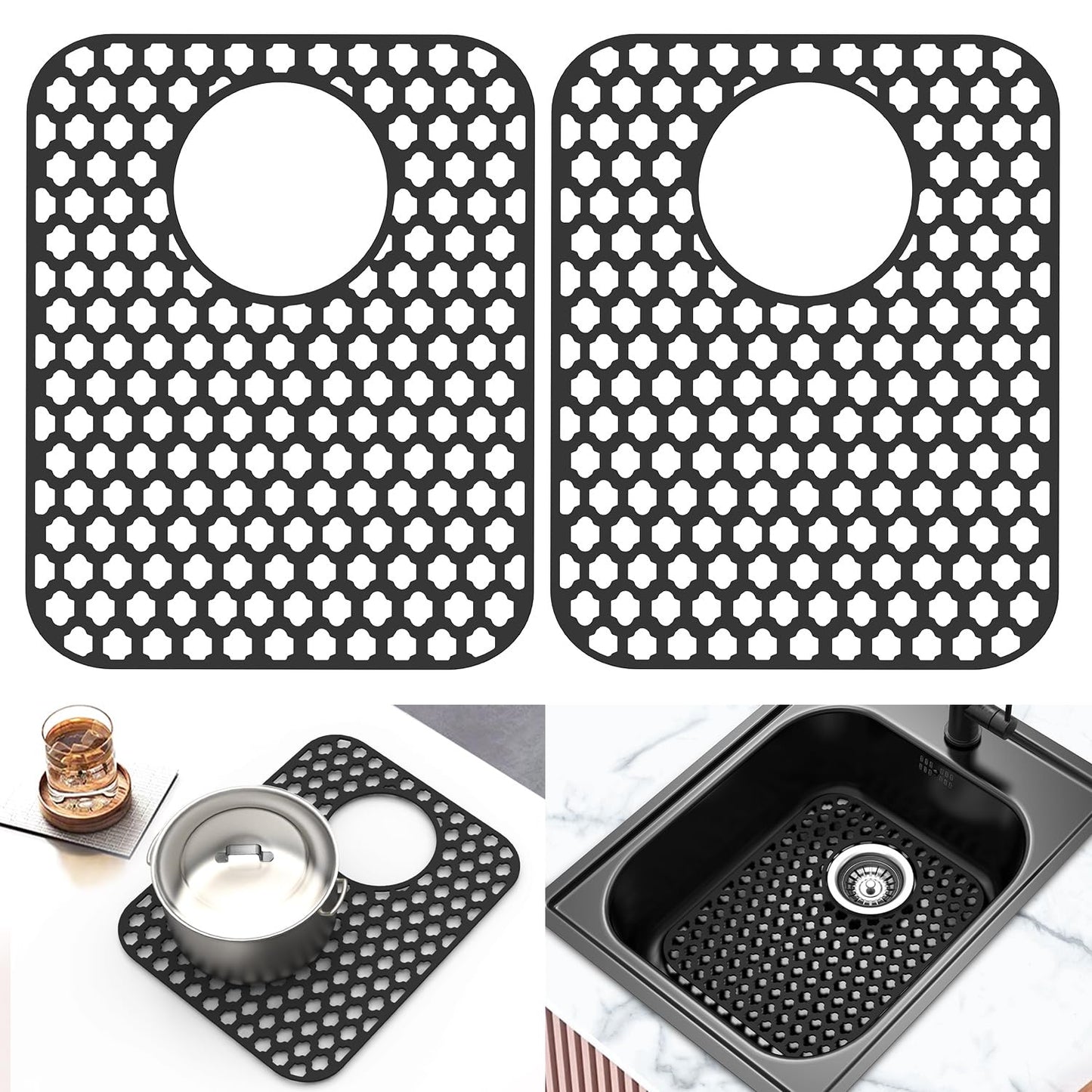 BEHOK 2 Pack Silicone Sink Protector for Kitchen Sink, 13.58" x 11.6" Heat-resistant Sink Mat Non-Slip and Durable Silicone Protectors, Rear Drain, Black