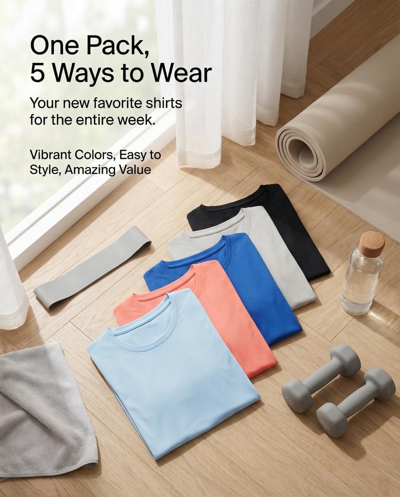 Real Essentials 5 Pack: Women's Short Sleeve T-Shirts Workout Tops Fitness Pilates Gym Activewear Athletic, Set 7, L, Pack of 5