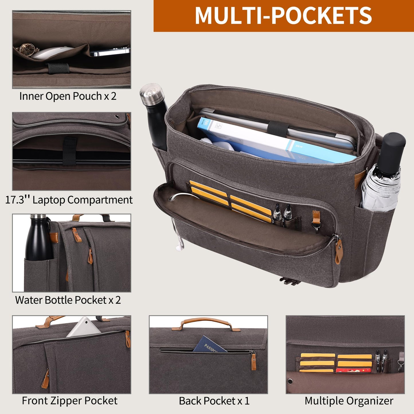 ESTARER Men Messenger Bag 17-17.3 Inch Laptop Bag Water-resistant Canvas Computer Shoulder Bag Briefcase for Work College Travel, Grey