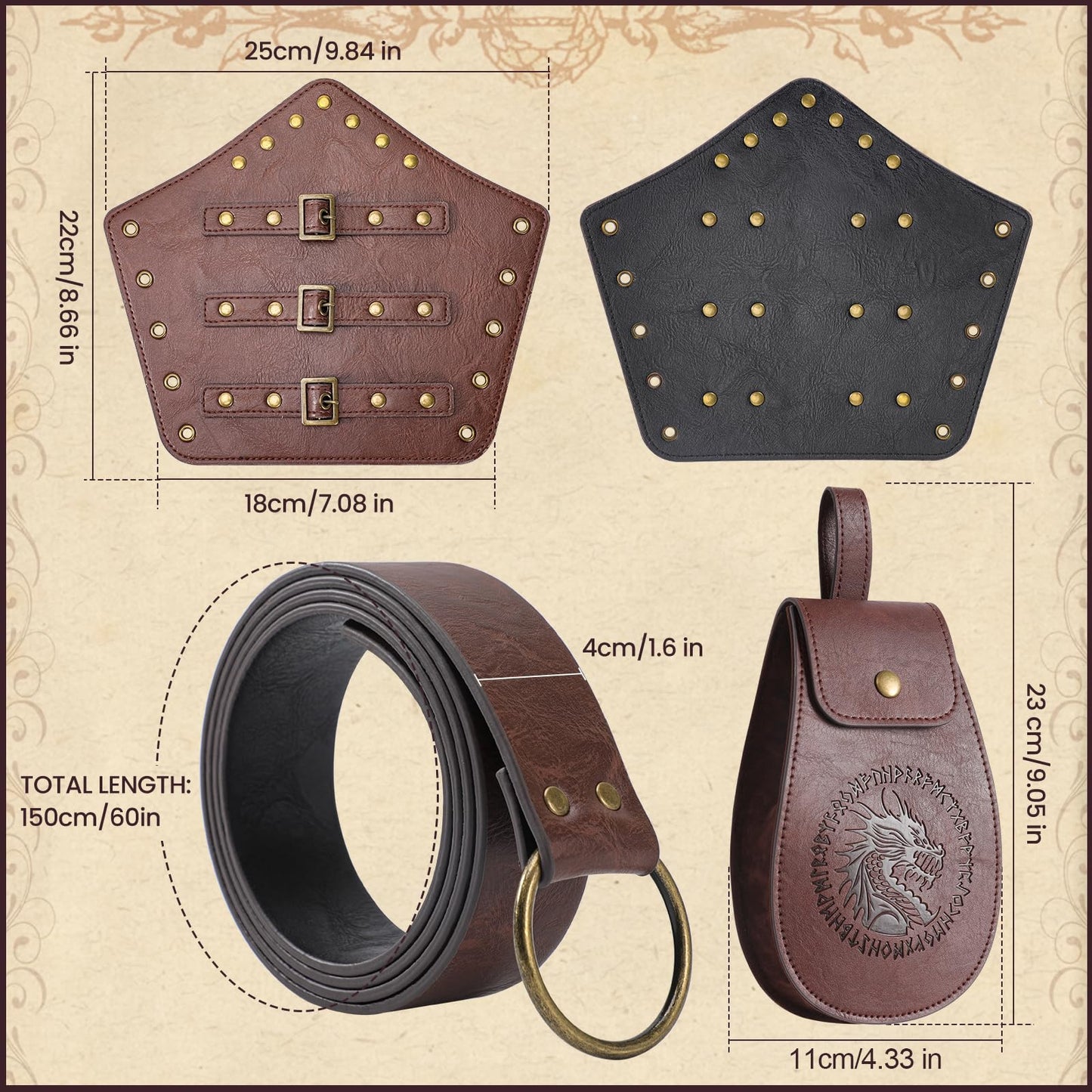 Berenlu 3 PCS Renaissance Accessories, Viking Renaissance Belt Medieval Vintage Belt Pouch and Leather Bracers, Enhance Your Halloween Renaissance Cosplay with Medieval Accessories (Brown)