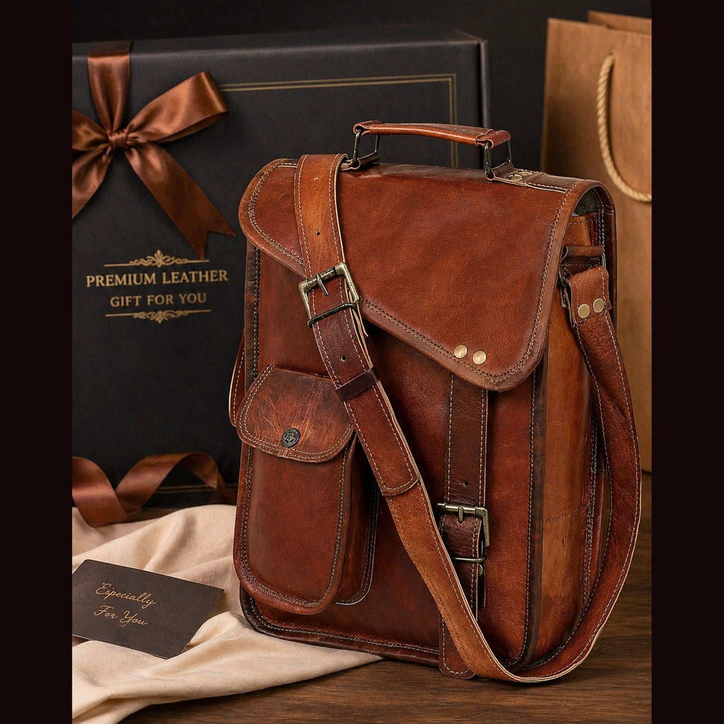 18" leather satchel tablet bag laptop case office briefcase messenger gift for men computer distressed shoulder bag