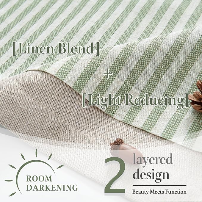 jinchan Double Layer Striped Linen Kitchen Tier Curtain Rustic Cafe for Living Room Bathroom Half Window Curtain Light Filtering Rod Pocket 1 Panel 24 Inch Sage Green