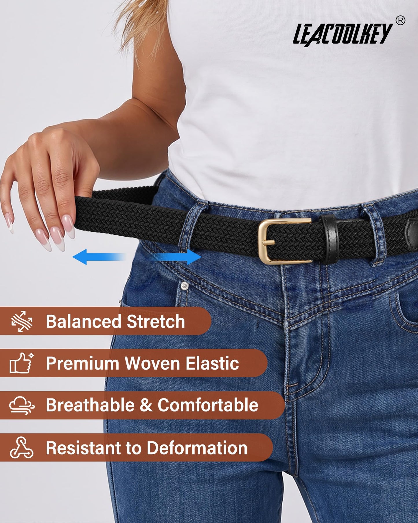 LEACOOLKEY Women’s Stretch Braided Belt Elastic Woven Casual Belt for Jeans Trousers & Golf Pants Black