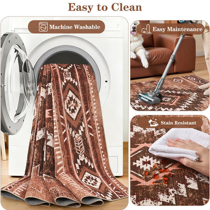 Yinhua Western Living Room Rug 5x7, Moroccan Low-Pile Washable Rug for Bedroom, Aztec Brown Rugs Non Slip with Rubber Backing, Soft Non-Shedding Carpet for Nursery Classroom Office