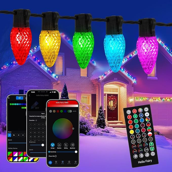 C9 Christmas Lights Outdoor , 148FT 200 LED RGB Color Changing Bulbs,App Bluetooth Music Sync, DIY Scenes & Timers, Connectable to 198FT, IP44 Waterproof Roofline Eaves Porch Fence Decorations