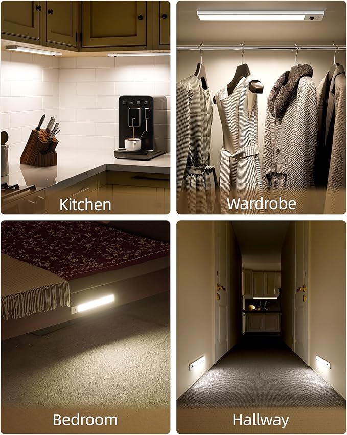 EZVALO 3 Pack Under Cabinet Lighting Wireless with Battery Indicator, 2000mAh Rechargeable Motion Sensor Light Indoor, 10inch 80 LED Under Counter Lights for Kitchen Closet, 3 Color Temps, Dimmable