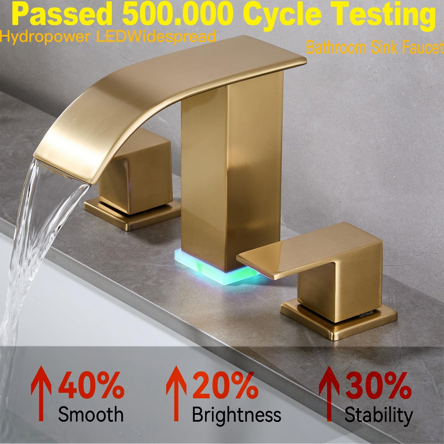 Brushed Gold Bathroom Faucet 3 Hole Widespread Waterfall Vanity Faucet for Bathroom Sink, Modern Touch on Two Handle Gold Faucet (Brushed Gold)