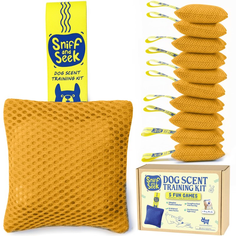 Race&Herd Original 10 Pcs Dog Scent Training Kit, Scent Work Training Kit for Dogs, 5 Brain Games - Nosework for Dog Sniffing Toys, Mental Stimulation Agility Equipment for Dogs (Gold)