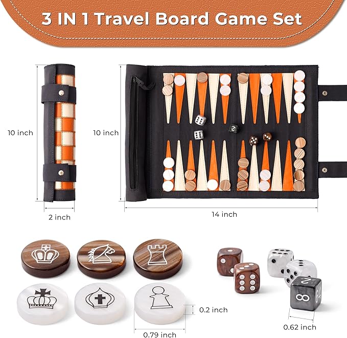 Woodronic 3 in 1 Travel Chess Checkers Backgammon Set Roll-up Leather Backgammon Game Set with 32 Pearl Textured Pieces and 5 Dices Portable Travel Strategy Board Game Set for Adult Navy Blue