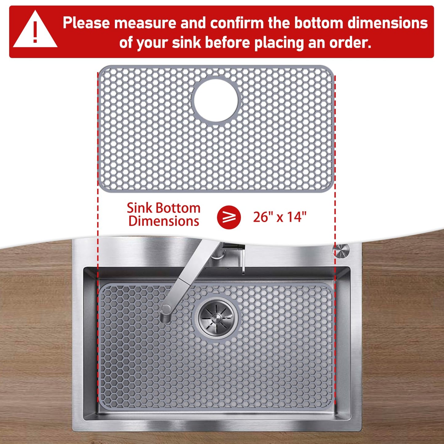 Bestjing Silicone Sink Protectors for Kitchen Sink with Rear Drain - 26"x 14" Kitchen Protector Accessory, Non-Slip Heat Resistant Grid Mat for Bottom of Farmhous Peorcelain Stainless Steel(Rear Hole)