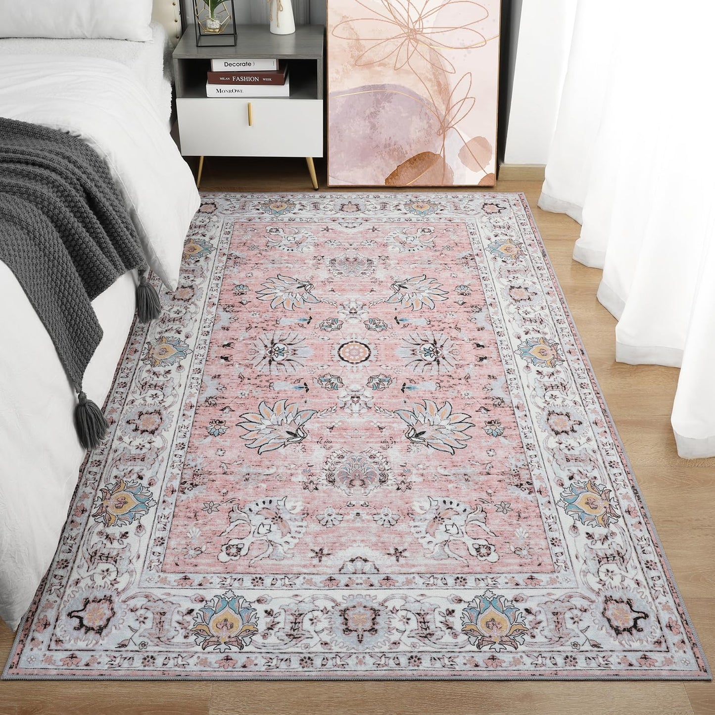 ULTSOFE Machine Washable Rug 4x6 Boho Area Rug, Pink Rugs for Bedroom Girls Bedside Living Room Dining Room Office, Anti Slip Low-Pile Stain Resistant Printed Vintage Floral Carpet Rugs