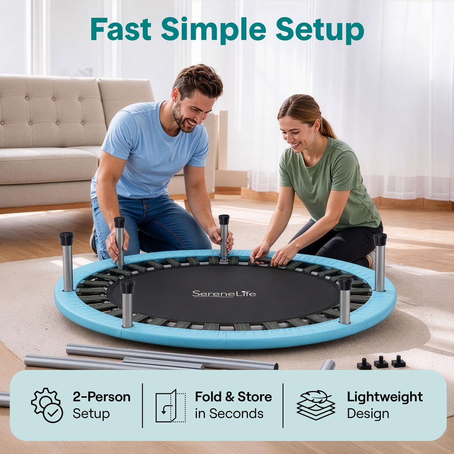 SereneLife 40" Foldable Mini Trampoline - Compact Fitness Trampoline for Kids Adults, Exercise Rebounder with Adjustable Foam Handle, Indoor/Garden Workout Equipment, Max Load 200 lbs, Sky Blue