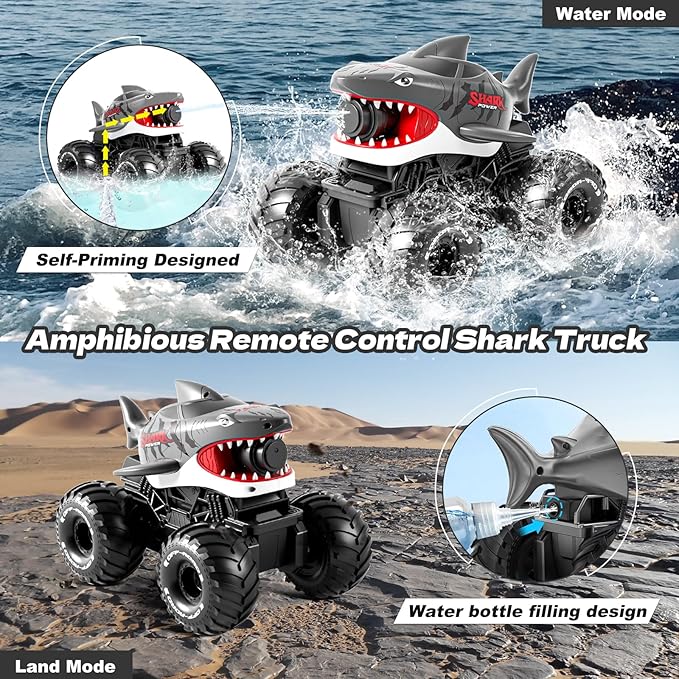 Gesture Sensing Amphibious Remote Control Gray Shark Monster Truck with Water Squirt 4WD 1:16 RC Car All-Terrain Waterproof RC Tank Pool Toy Outdoor Summer Gifts for Kids Age 6+（2 Replaceable battery)