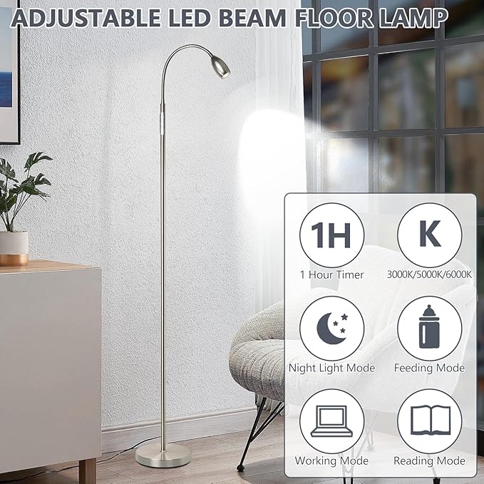Reading Floor Lamp, 72" Tall LED Lamp with Flexible Gooseneck, Dimmable Zoomable Spotlight, Adjustable Color Beam Standing Lamp, Touch & Remote Control, Task Craft Bedroom Living Room (Brushed Nickel)