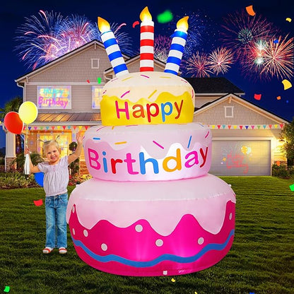 6FT Inflatable Happy Birthday Outdoor Decorations Cake with Candles, Bright LED Lights, Blow Up Yard Decoration with Rotating Colorful Appearance for Outdoor Indoor Birthday Party Garden Lawn