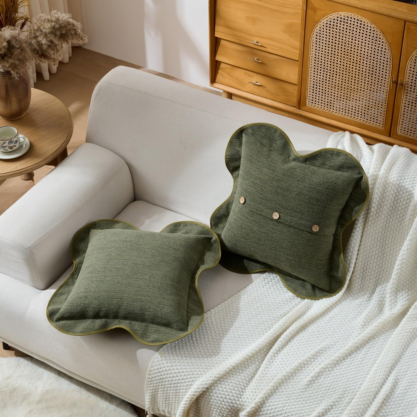 FUTEI Pack of 2 Chenille Buttons Throw Pillow Covers 18x18 Inch Four-Leaf Clover Shape Scalloped Bordered Decorative Cushion Case Farmhouse Accent for Couch Living Room, Moss Green