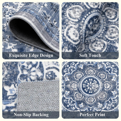 Ileading Boho Kitchen Rugs Sets 3 Piece with Runner Floral Kitchen Floor Mat Carpet Farmhouse Kitchen Rugs and Mats Non Skid Washable Runner Rug for Kitchen Floor Office Sink Laundry, Blue