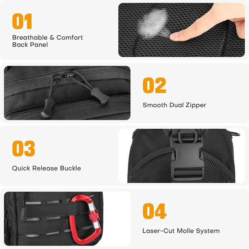 HUNTVP Tactical Sling Bag for Men - Concealed Carry Crossbody Backpack with Holster & Accessory Slots | Black