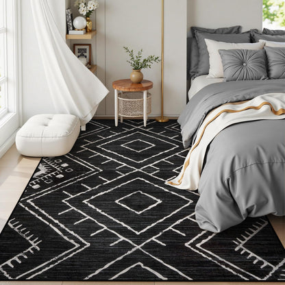 LIVEBOX Western 5x7 Area Rug, Black Washable Rugs for Living Room Bedroom, Non Slip Moroccan Tribal Rug Low Pile Modern Geometric Boho Area Rugs Diamond Carpet for Dining Room Home Office Playroom