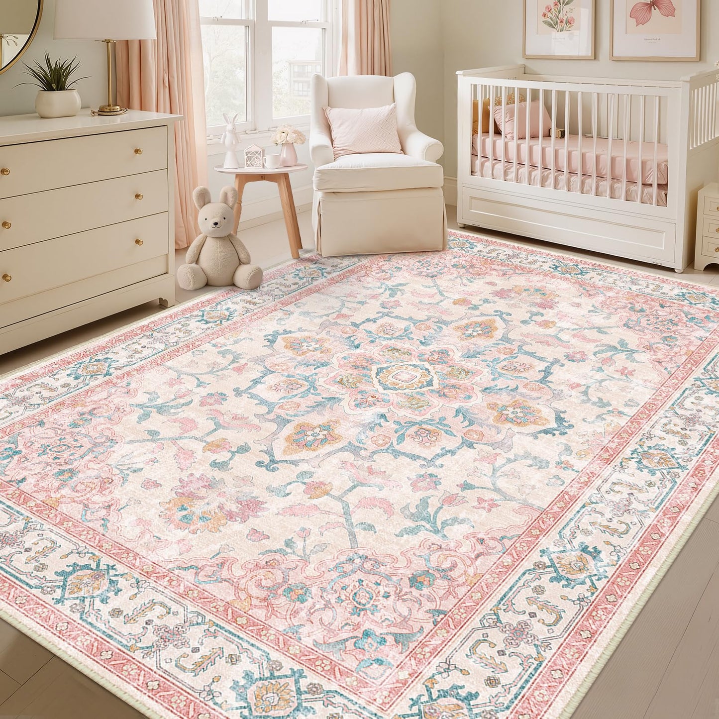 CAPALOCA Machine Washable Rugs Nursery Rug 5x7 Cute Girl Non Slip Low Pile Water Repellent Soft Print Pattern for Bedroom Indoor Decor Kids Playroom Pink Teal
