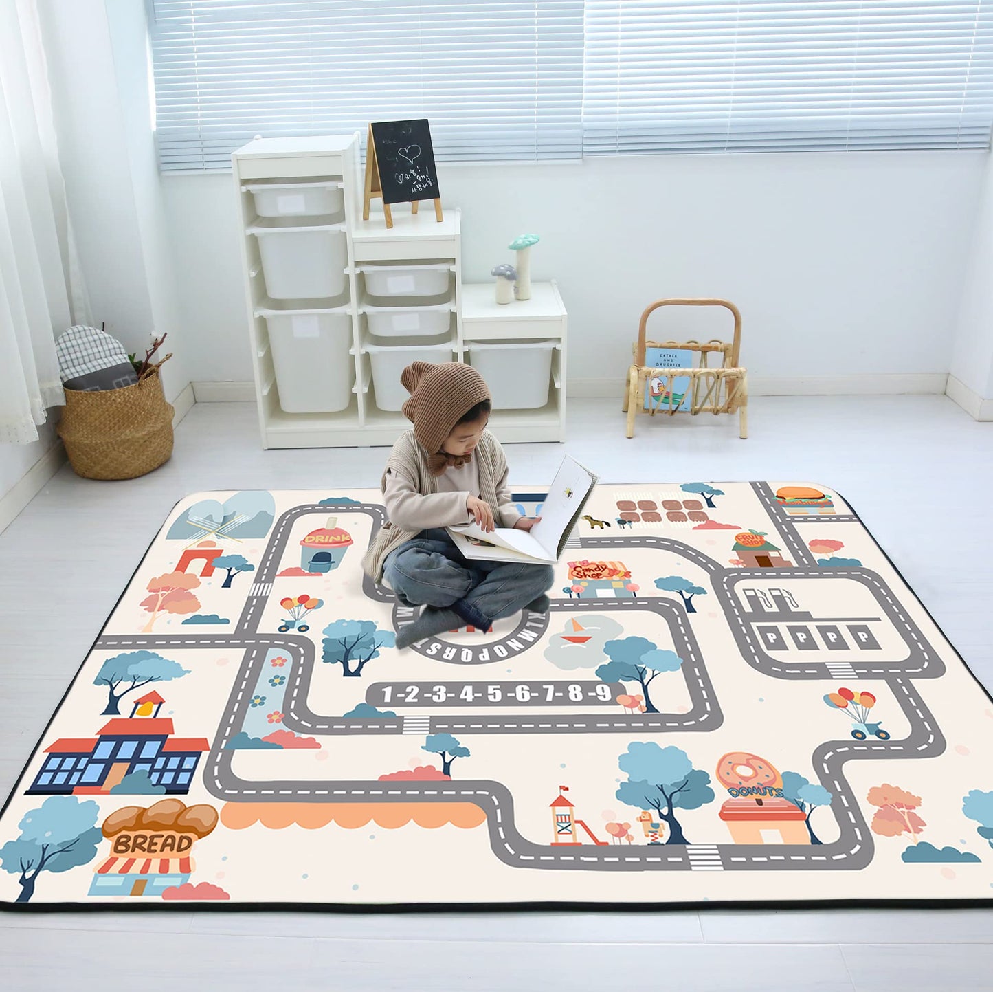 Loartee Soft Kids Educational Rug - 0.78" Thick Road Rug, ABC Alphabet & Numbers Play Mat for Toddlers, Game Area Rug, Baby Crawling Mats, Sweet Life, Beige