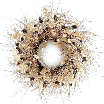 Fall Wreath for Front Door 24 Inch Fall Door Wreaths, Large Autumn Wreath with Berry Pinecones and Raffia, Grapevine Decor for Door Wall Window Home and Halloween Christmas Thanksgiving Decoration
