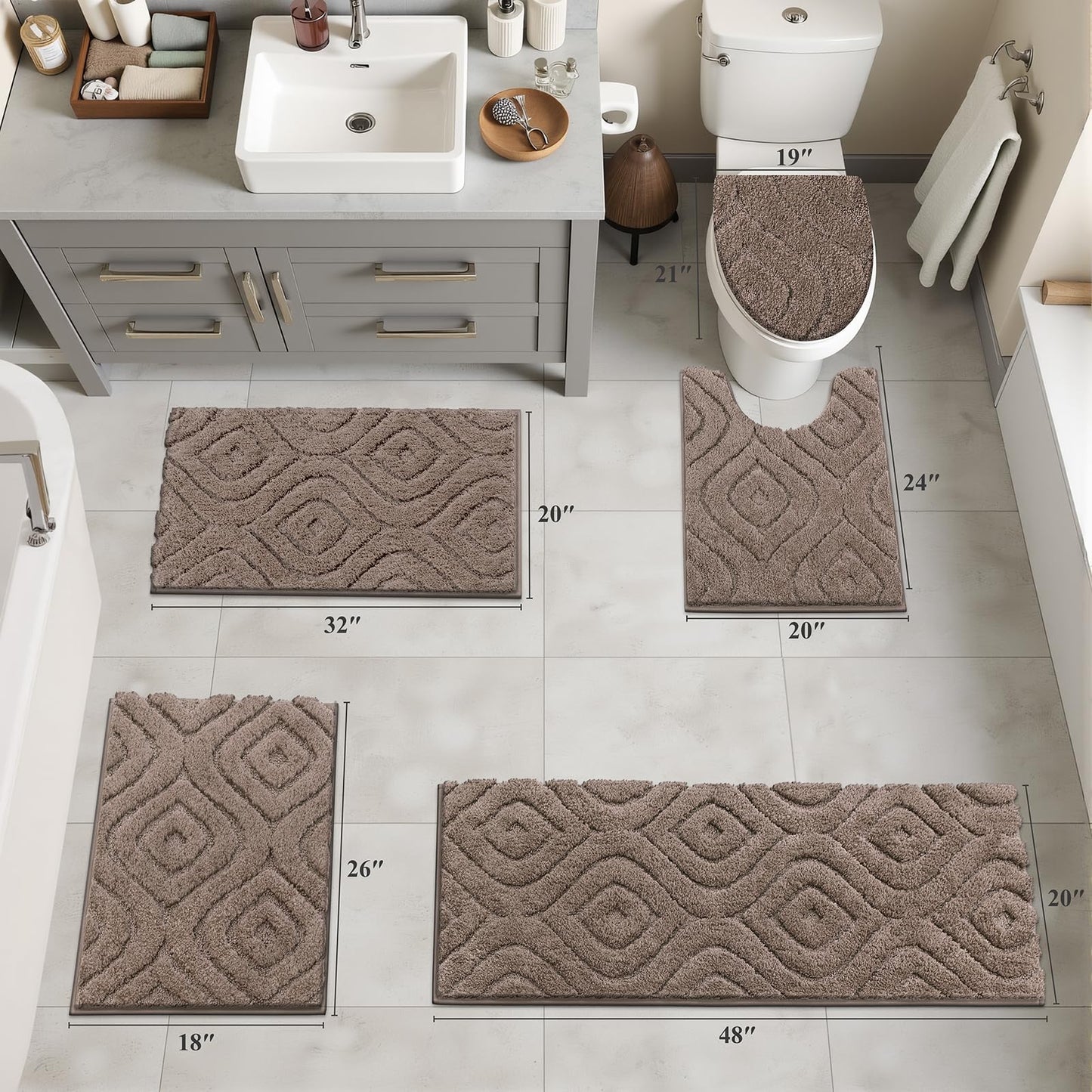 Ileading Bathroom Rugs Sets 5 Piece, Ultra Soft Absorbent Bath Mat for Bathroom, Non Slip Washable Bath Rug Set with Toilet Cover, Plush Bath Runner and U-Shaped Contour Toilet Rug, Coffee