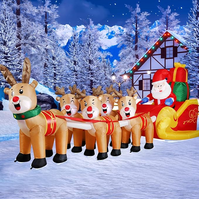 DomKom 12 FT Christmas Inflatable Outdoor Santa Claus on Sleigh with Five Reindeer, Building LED Lights, Blow Up Yard Decoration for Party Garden Lawn Winter Decor