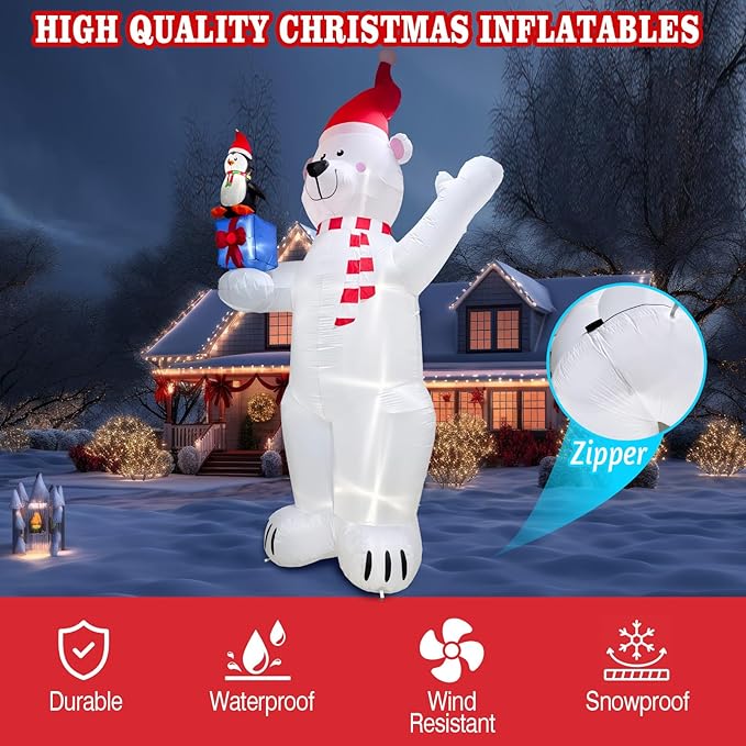 12.2FT Giant Christmas Inflatable Polar Bear & Penguin with Xmas Gift Box Decoration, Christmas Blow Up Penguin and Bear Inflatable Built-in 6 LED for Christmas Inflatables Outdoor Decoration