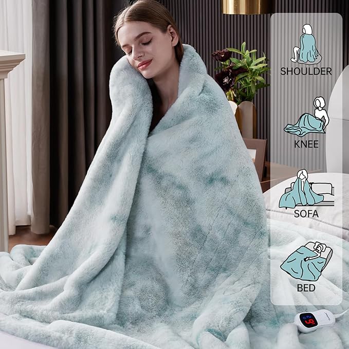 Guohaoi Heated Blanket Electric Throw, Soft Faux Rabbit Fur Electric Blanket with 10 Heating Levels 5 Sitting Timer Auto Off, Cozy Warm Heating Blankets, Machine Washable(62"×84" Blue)