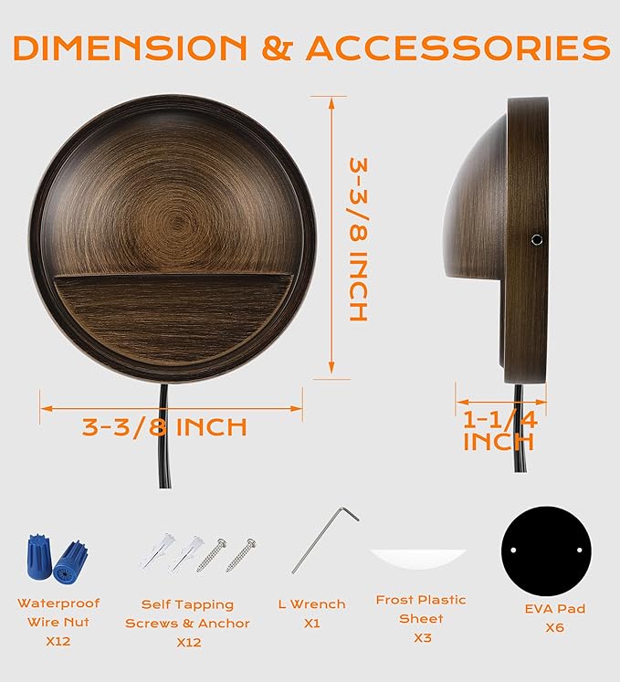 CLOUDY BAY [6 Pack] 3CCT Low Voltage LED Deck Lights Outdoor,2700K/3500K/5000K Selectable,Landscape Step Stair Railing Fence Light Wired,3W,12V-24V AC/DC,Bronze Finish