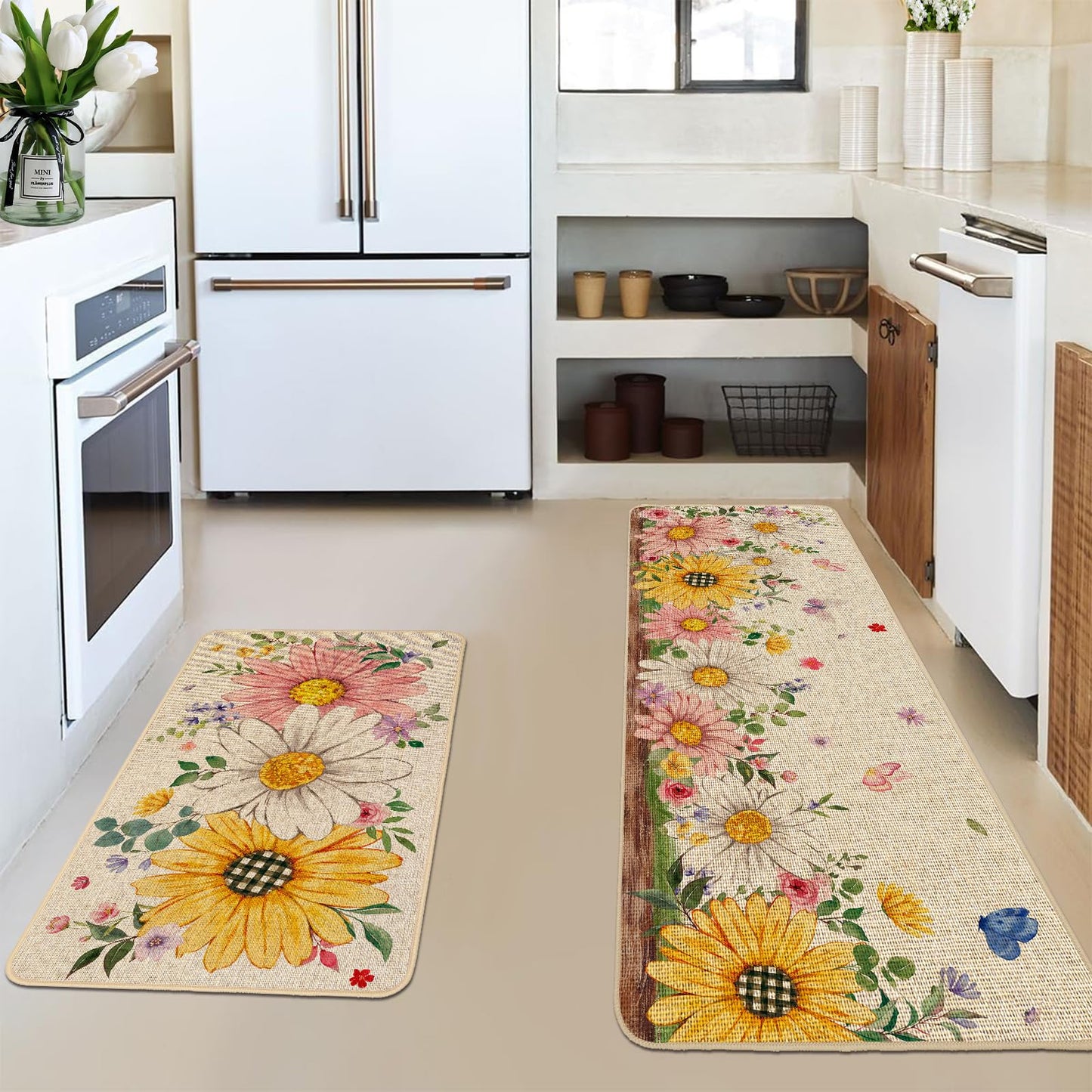Baccessor Summer Kitchen Mats Set of 2, Sunflower Daisy Floral Kitchen Rugs for Floor Non Slip Low-Profile Seasonal Home Decor 17x29 and 17x47 Inch