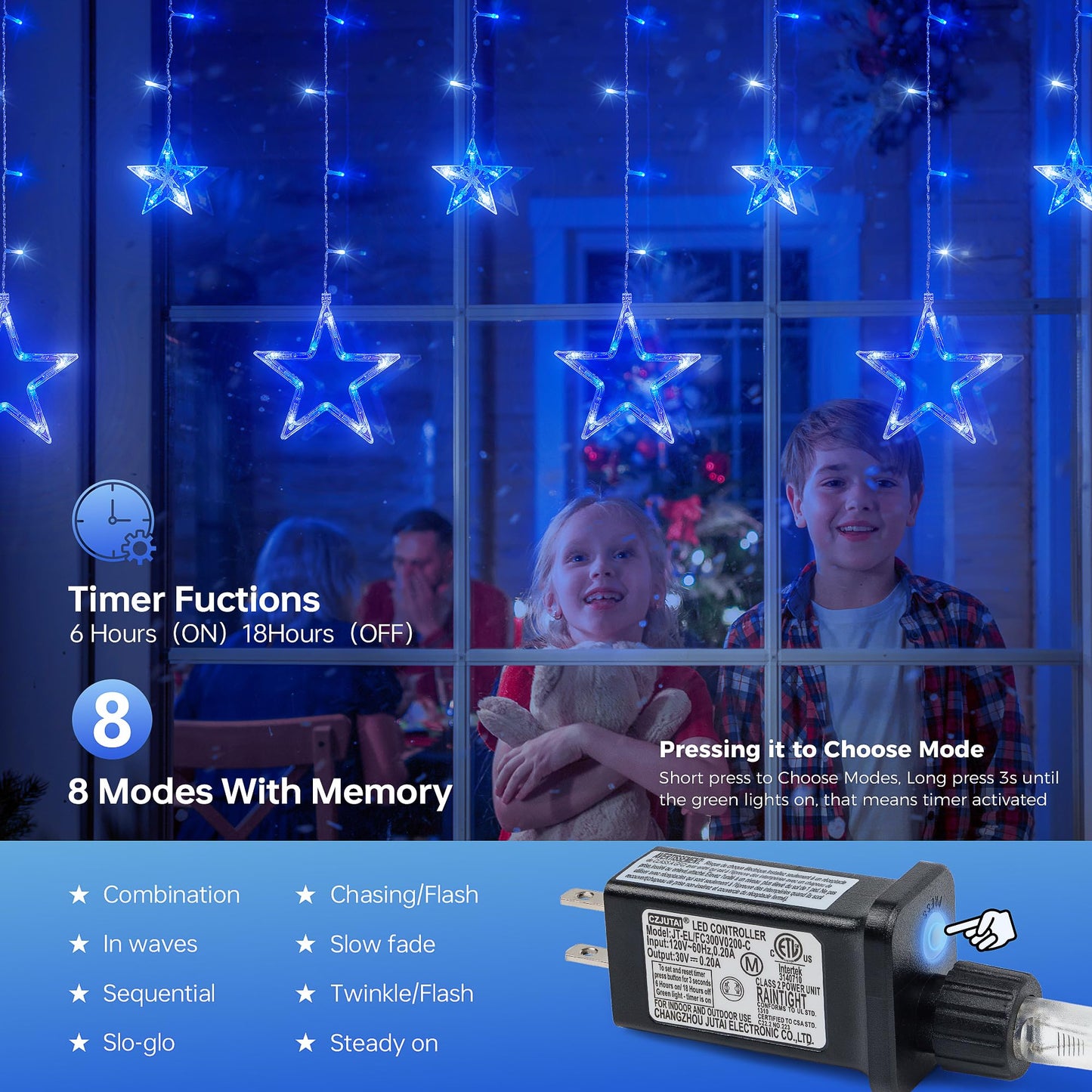 MYGOTO 126L Blue White Christmas Star Icicle Lights, 8.2FT Clear Curtain Fairy String with Connectable, Timer 8 Modes Memory, Waterproof Hanging for Eaves, Party, Wedding Indoor Outdoor Decorations