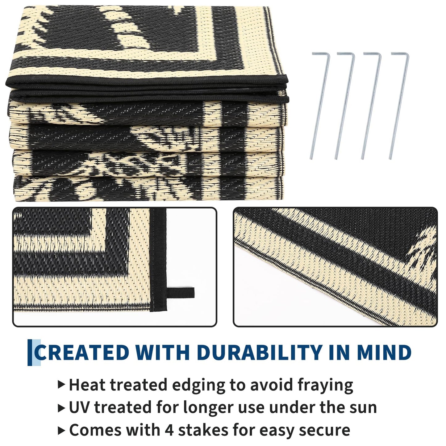Garvee Outdoor Rug 5x8 Waterproof for Patios, Reversible Plastic Straw Rug, Tropical Leaf Indoor Outdoor Rugs, Large Area Rug for RV, Camping, Deck, Picnic Mat, Outside Carpet, Black & Brown