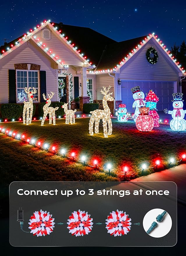 C9 Outdoor Christmas Lights, 72 FT 110 LED C9 String Lights, 8 Modes & Timer Extendable Waterproof for Christmas Tree Indoor Outdoor Roofline Patio Outside Garden Yard Holiday Xmas Decor, Red White