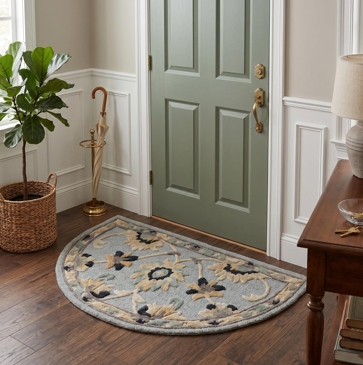 LR Home 2x4 Wool Hearth Rug, Semi Circle Floral Farmhouse Area Rug, Blue/Gray Indoor Transitional Rug for Fireplace, Entryway, Living Room & Bedroom