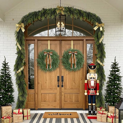 Christmas Decorations - 2 Pcs 24 Inch Christmas Wreath, Norfolk Pine Wreath, Christmas Wreaths for Front Door, Christmas Door Wreath with Bow for Outdoor Indoor with Ribbon for Home Table Wall