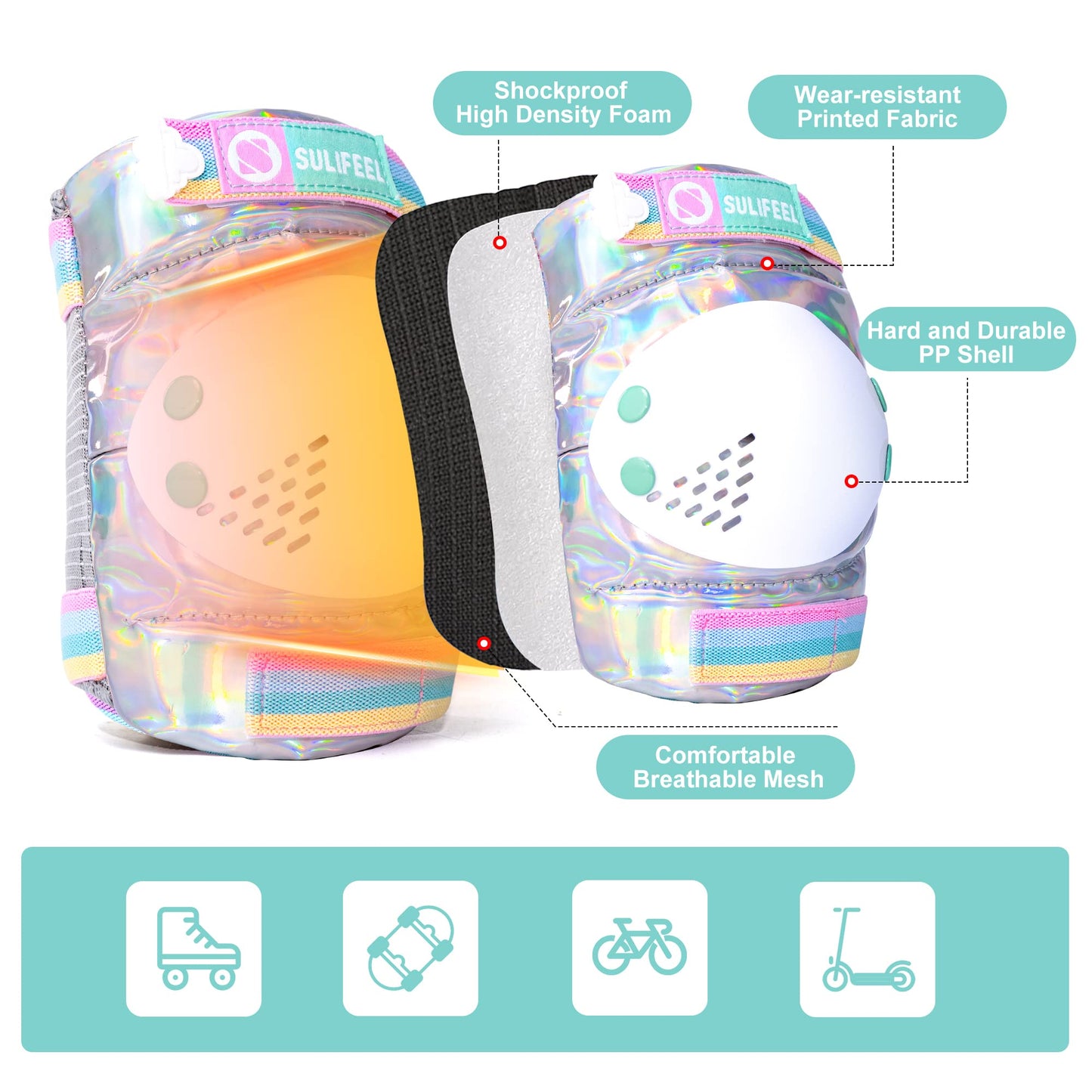 SULIFEEL Rainbow Unicorn Knee Pads for Kids Knee Elbow Pads Wrist Guards with Drawstring Bag Adjustable Protective Gear Set for Girls Boys Roller Skating Bike Cycling Skateboard Scooter Shiny Small
