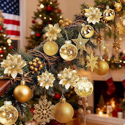 76Pcs Christmas Tree Decorations Set, Gold Assorted Ornaments with Large Shatterproof Plastic Balls, Star Tree Topper, Glitter Berries Stems, Ribbon for Indoor Garland Home Holiday Wedding Decor