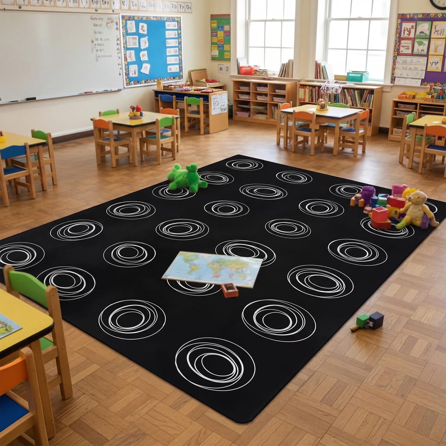 Drydiet Classroom Rug Elementary Educational Daycare Rug 11.8 x 6.6ft Black White Circles Abstract Rectangle Large Preschool Carpet for Classroom Playmat for Kids Toddler Nursery School Early Learning