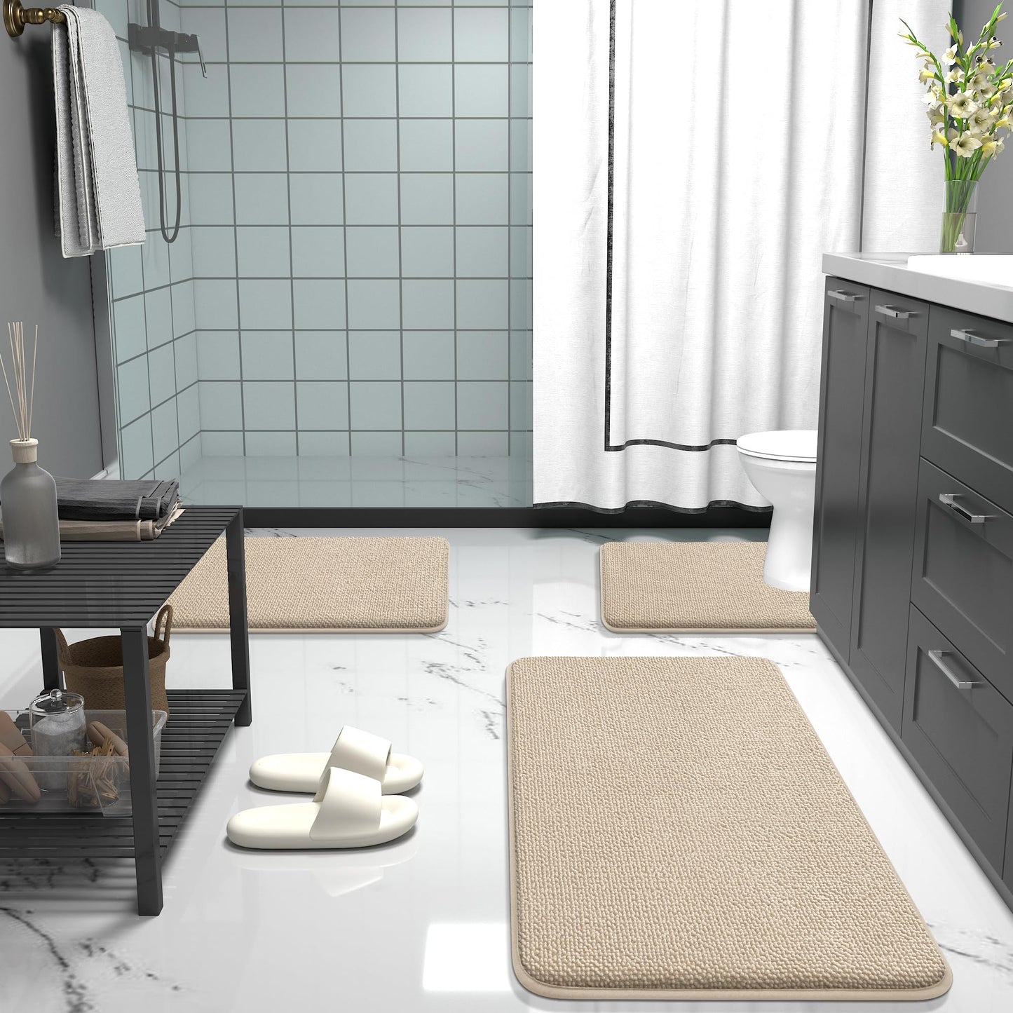 OLANLY Thick Memory Foam Small Bathroom Rugs 24x16, Extra Soft Absorbent Bathroom Mat, Quick Dry Bath Mat, Non-Slip, Machine Washable Carpet for Bathroom, Tub and Shower, Home Decor Accessories, Beige