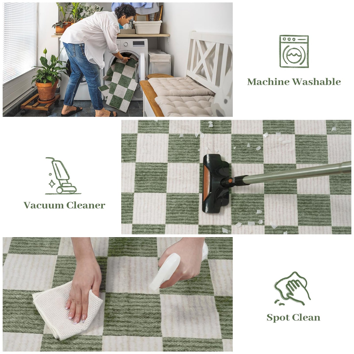 LIVEBOX 4x6 Washable Area Rug Checkered, Non-Slip Small Entryway Rug Green Farmhouse Neutral Geometric Kids Boys Rug for Bedroom Living Room Low-Pile Carpet for Classroom Playroom(Sage Green 4'x6')