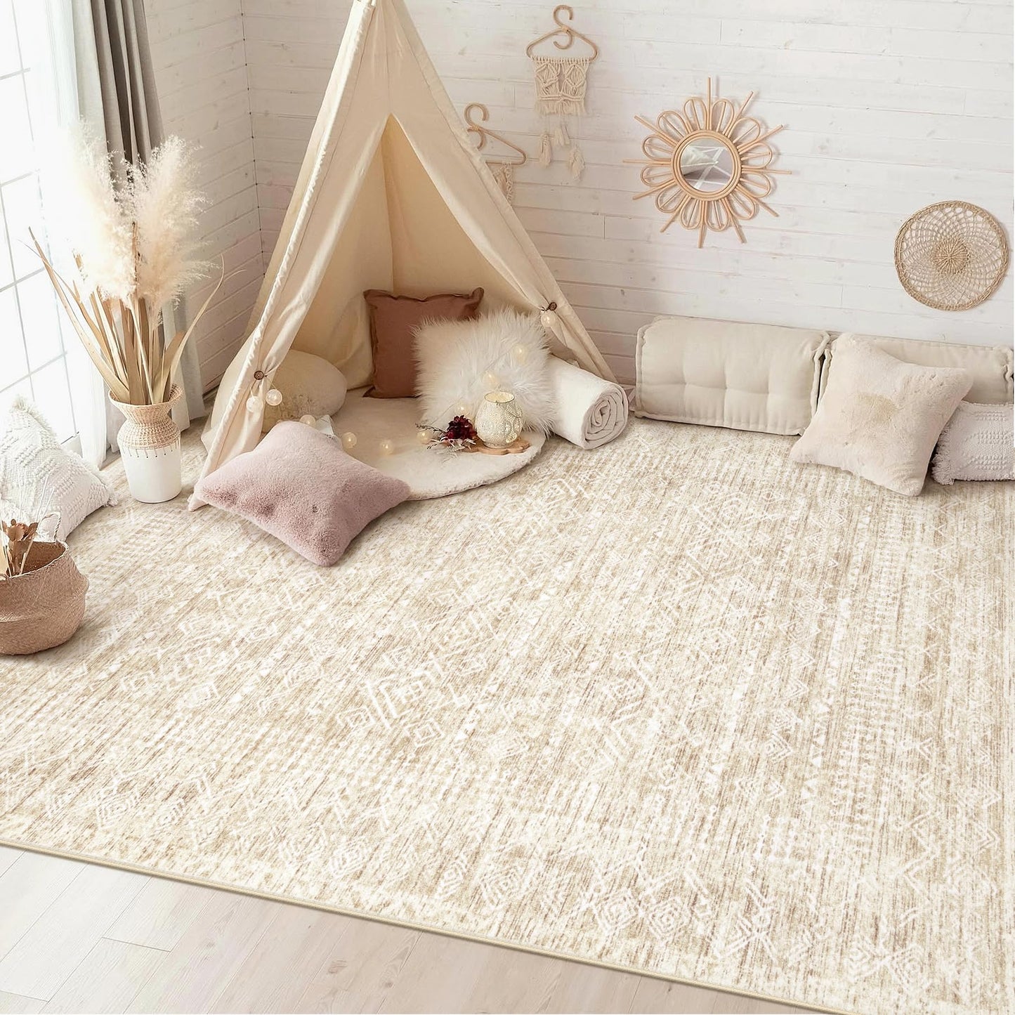 Washable Area Rug 5x7: Moroccan Rug for Living Room Geometric Boho Rug Farmhouse Non Slip Stain Resistant Rugs Low Pile Soft Carpet for Bedroom Dining Room Home Office Children Room (Beige,5'x7')