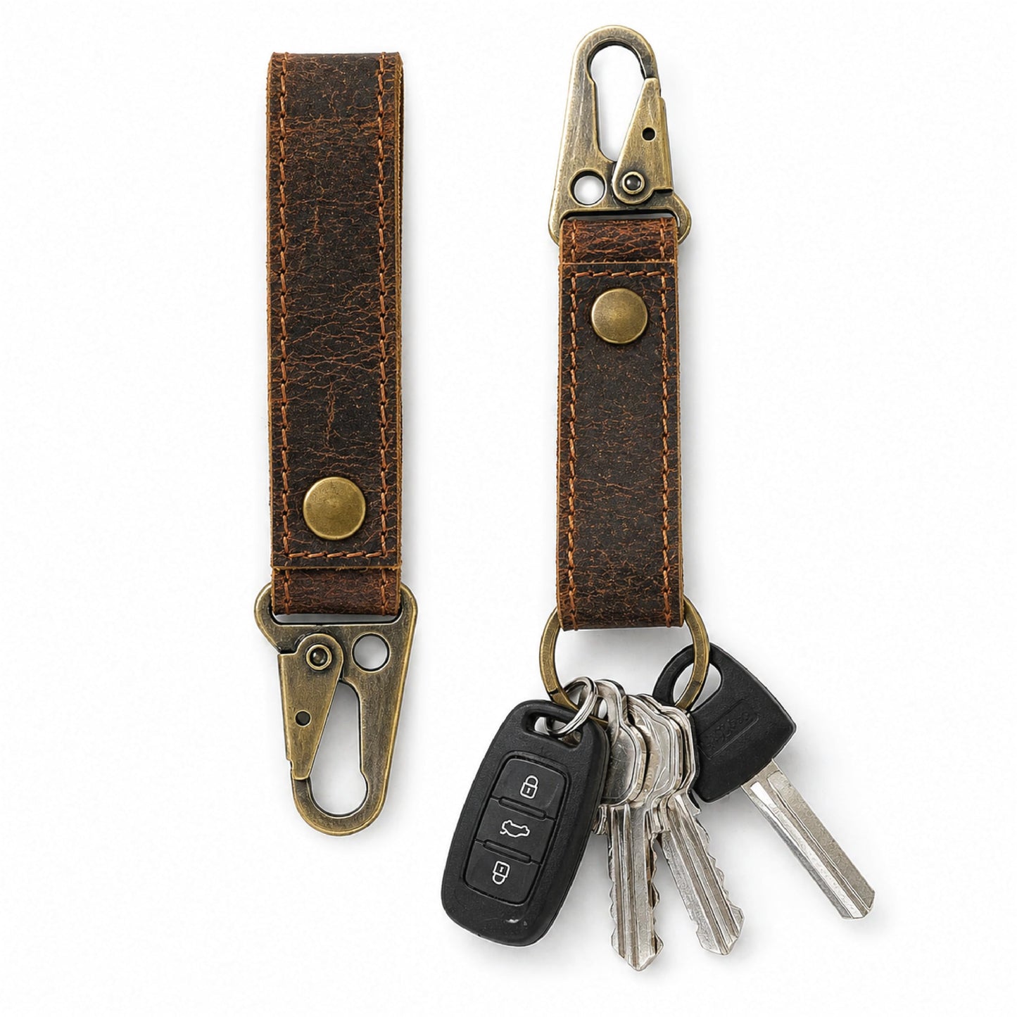 TheAntiq Genuine Leather Key Organizer with Dog Hook - Handmade Key Holder Clip with Snap Strap, Durable Leather Keychain for Belt, Bag & Everyday Carry (Brown)