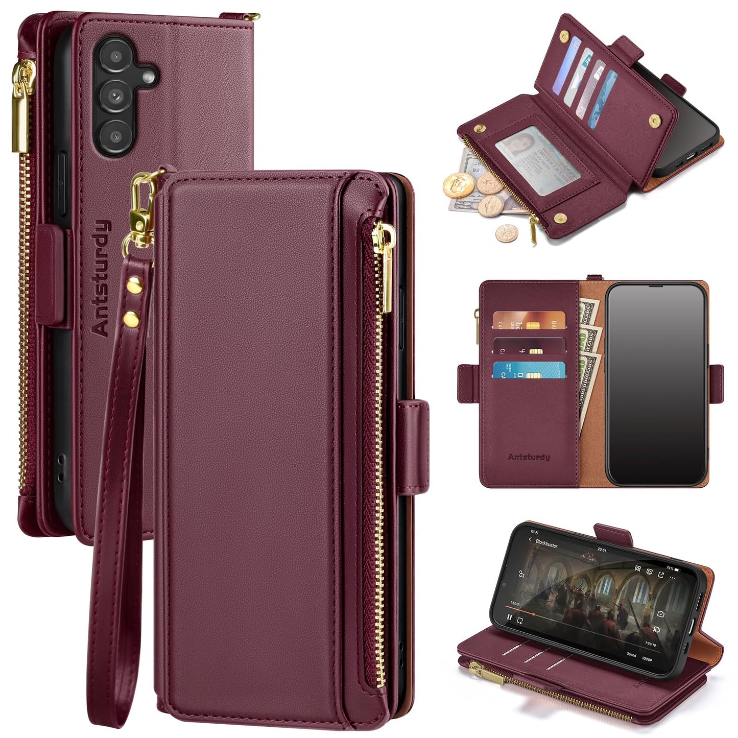 Antsturdy Compatible with Samsung Galaxy A54 5G Wallet Case with Card Holder Phone Case RFID Blocking PU Leather Flip Cover with Strap Zipper Credit Card Slots,for Women Men,Wine Red
